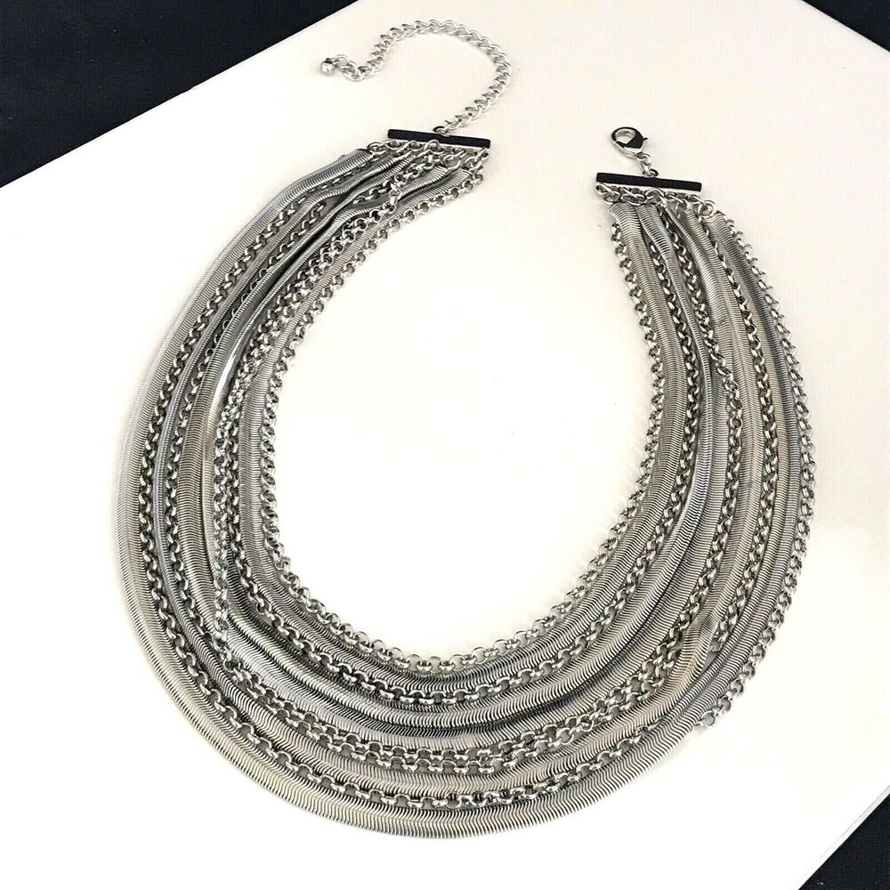 Statement Necklace Silver Tone Multi Chain Premie… - image 4